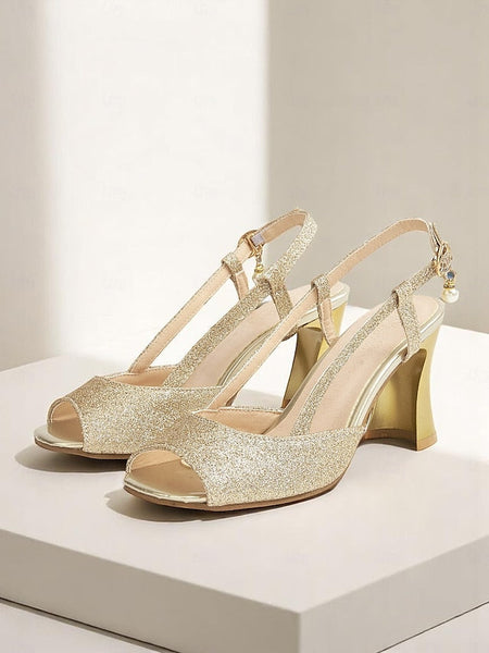 - Slingback Heels Gold Women's Sparkly Open-Toe Glitter FashionChic