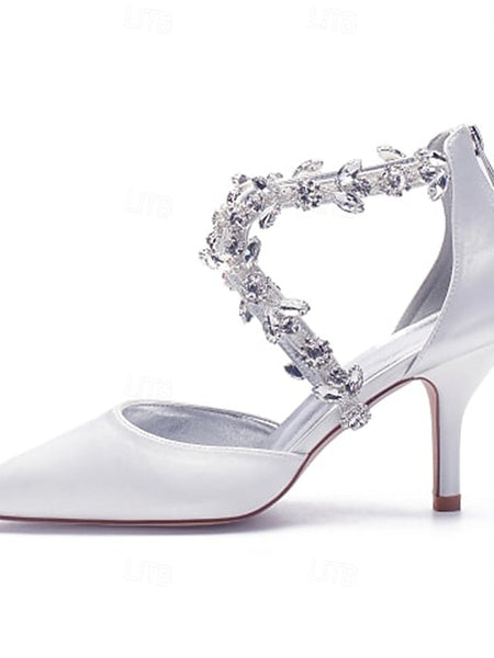 Heels Elegant Women's Satin White Crystal – Strap Pointed FashionChic