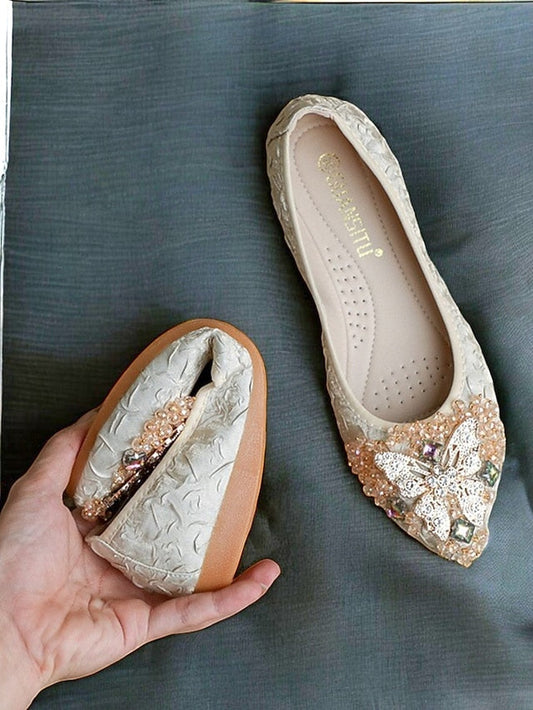 Foldable Embroidered Women's Flats Ballet with Beaded FashionChic