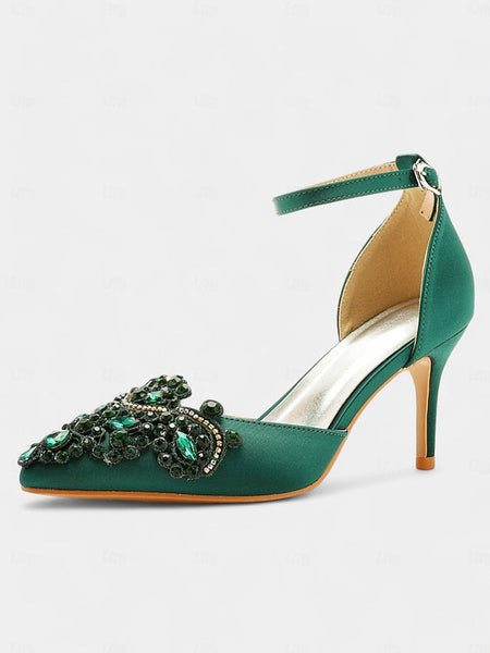 Pointed Women's Satin – Heels Ankle Green Emerald Strap FashionChic