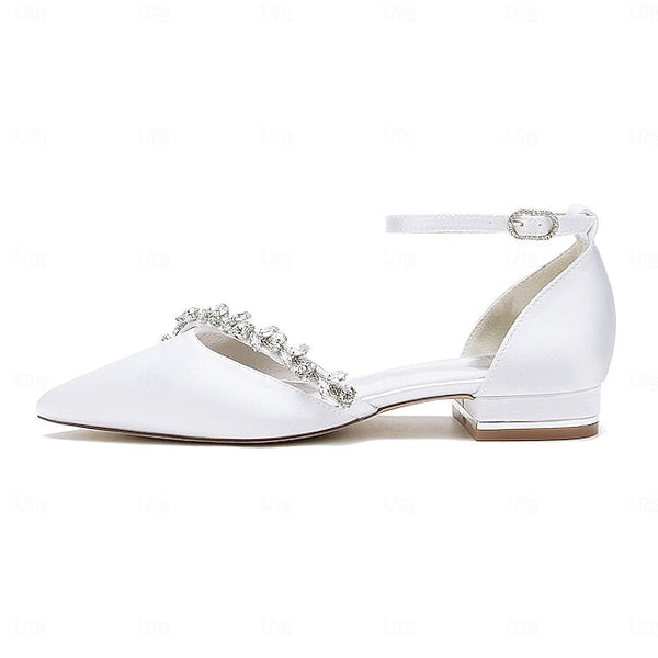 Elegant White Women's Toe Pointed Flats – Wedding Satin FashionChic
