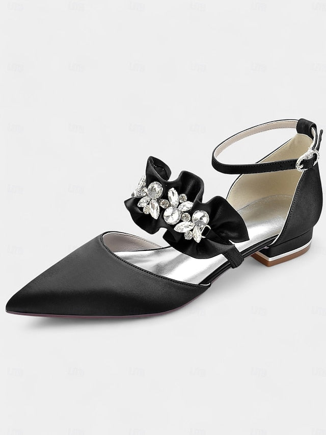 Satin Women's Black with Flats Rhinestone Pointed-Toe FashionChic