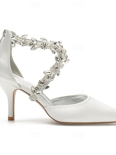 Heels Elegant Women's Satin White Crystal – Strap Pointed FashionChic