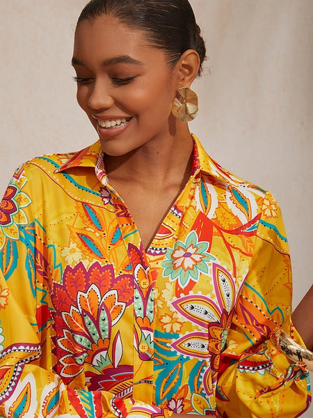 Vacation Yellow Paisley Print Straight Fit Satin Shirt Dress FashionChic