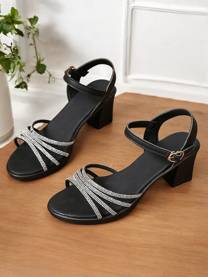 with - Block Comfortable Sandals Strappy Heel Rhinestones Black