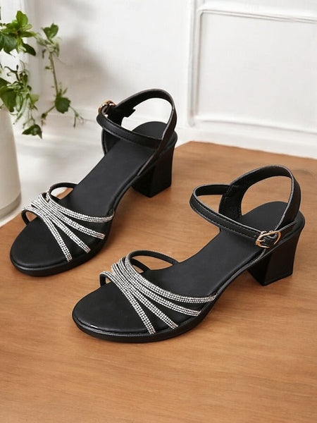 - Strappy with Comfortable Block Rhinestones Heel Black Sandals FashionChic