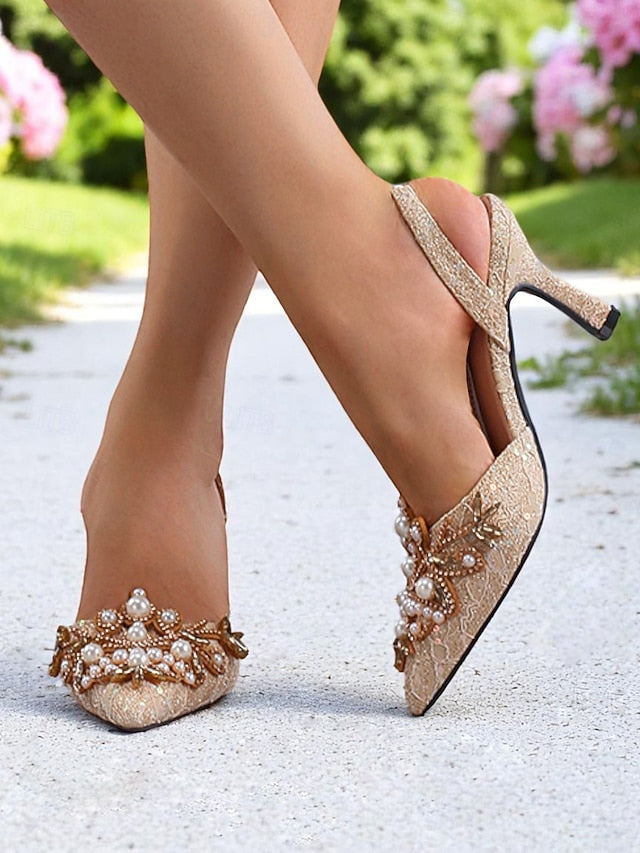 Heels Pearl Detailing Women's Satin Black - Slingback with FashionChic