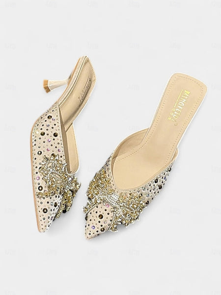 Slip-On Toe Glitter Pointed Rhinestone Mules - Women's FashionChic