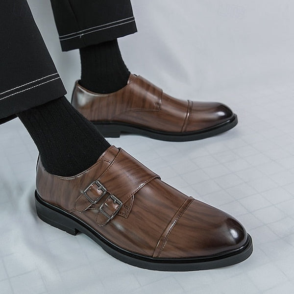 Brown Strap Dress Men's Monk Shoes – Faux Leather Double FashionChic