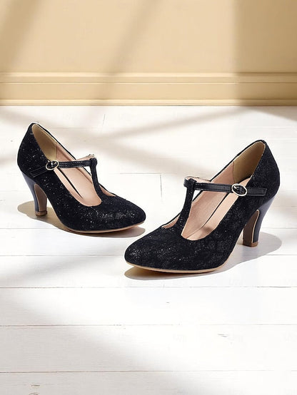 Ivory Pumps-1920s Women's Vintage Mid Lace Heel T-Strap FashionChic