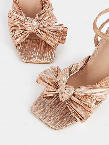 Detail Heel and Knot Block Sandals Rose Textured Gold with FashionChic
