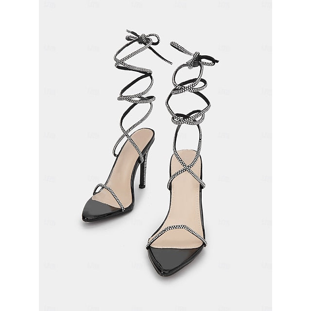 Sexy Stiletto Rhinestone Women's Lace-Up Sandals Black – FashionChic