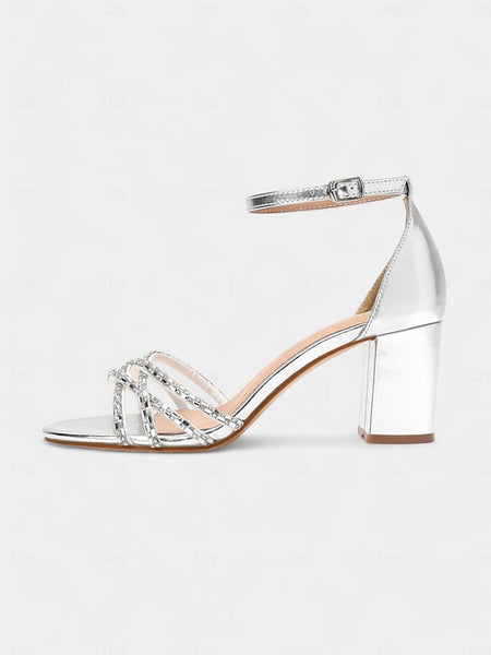 with Metallic Silver Block Rhinestone Heel Strappy Sandals FashionChic