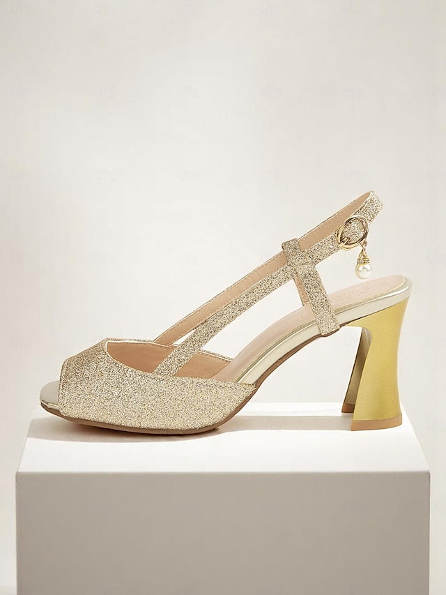 - Slingback Heels Gold Women's Sparkly Open-Toe Glitter FashionChic