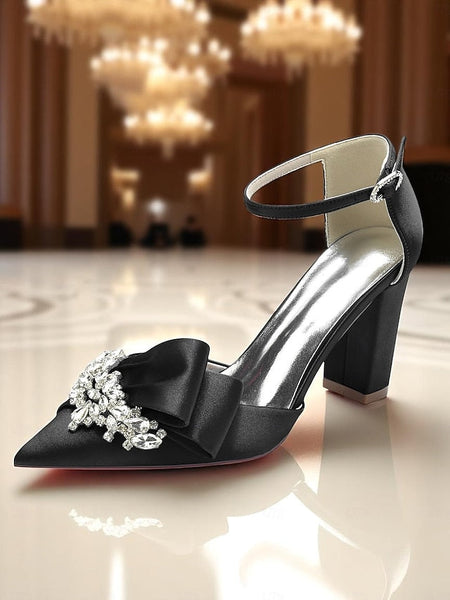 Block Crystal Pumps Bow Satin with Heel and Women's FashionChic