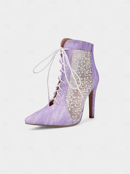 Women's Mesh Booties Ankle Lace Stiletto White Heels with FashionChic
