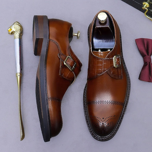 Dress Genuine Strap Black Men's Leather Monk First Shoes- FashionChic
