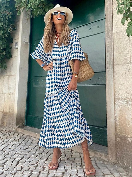 Women's Geometric Print V Neck Lantern Sleeve Maxi Dress FashionChic