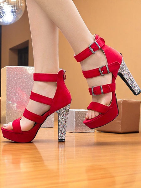 Platform Suede Women's with Glitter Heel High Brown Sandals FashionChic