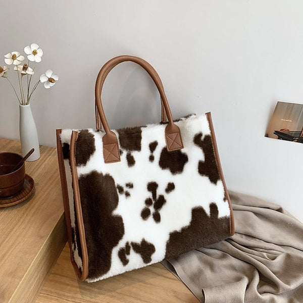 Tote Bag with Leather Faux Leopard Print Brown Women's Fur FashionChic