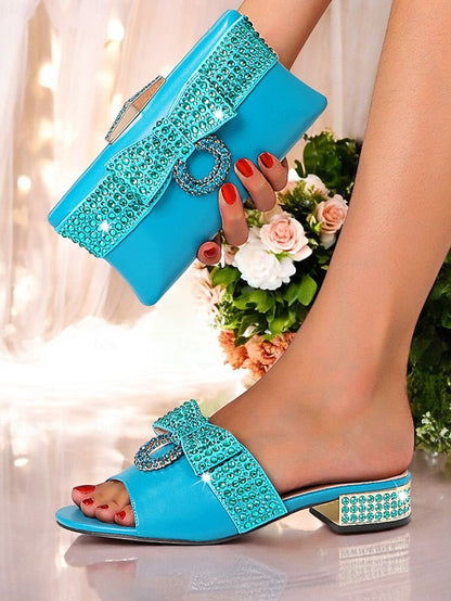 Rhinestone with Flat – Gold Matching Bow Clutch Sandals FashionChic