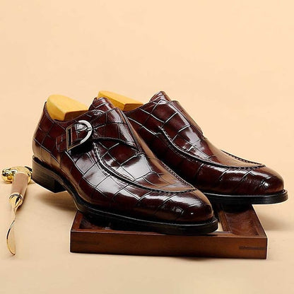Monk Faux Pattern Strap Leather Crocodile Men's Burgundy FashionChic