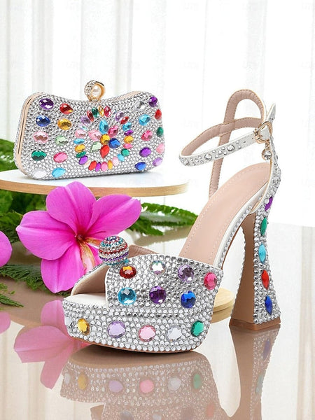 with Heel Women's Matching Rhinestone Platform Sandals High FashionChic