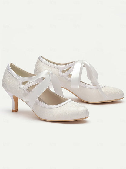 with Lace Vintage Ties Satin Ribbon Bridal White Elegant - Pumps FashionChic