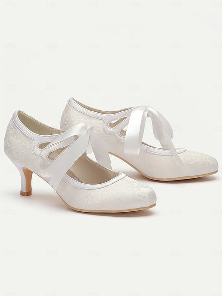 with Lace Vintage Ties Satin Ribbon Bridal White Elegant - Pumps FashionChic