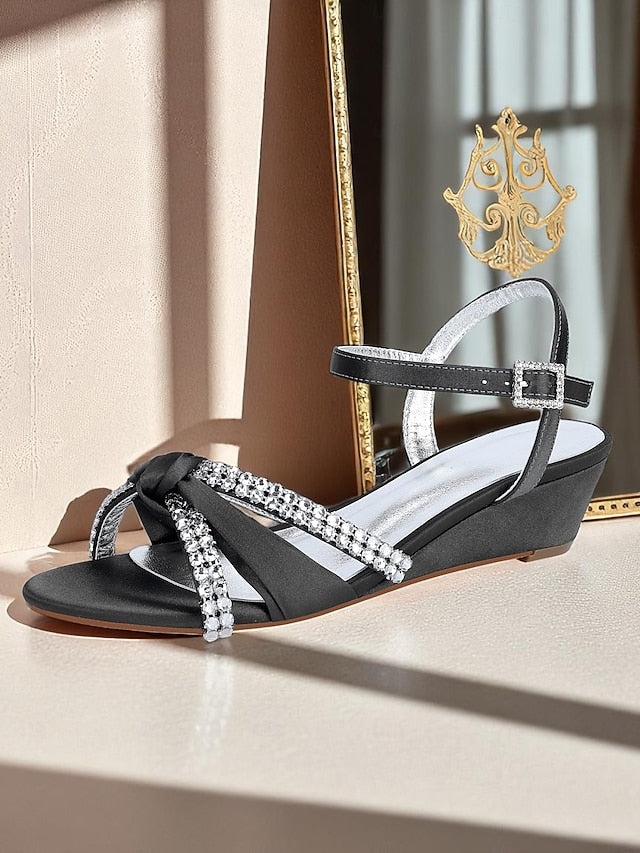 Knot Women's Rhinestone Wedge - Green Dress Satin Sandals FashionChic