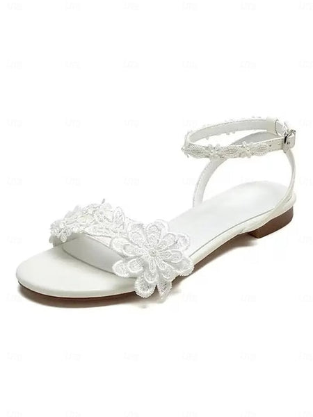 Block Flats Straps Ankle Sandals with Open-Toe Floral White Lace FashionChic