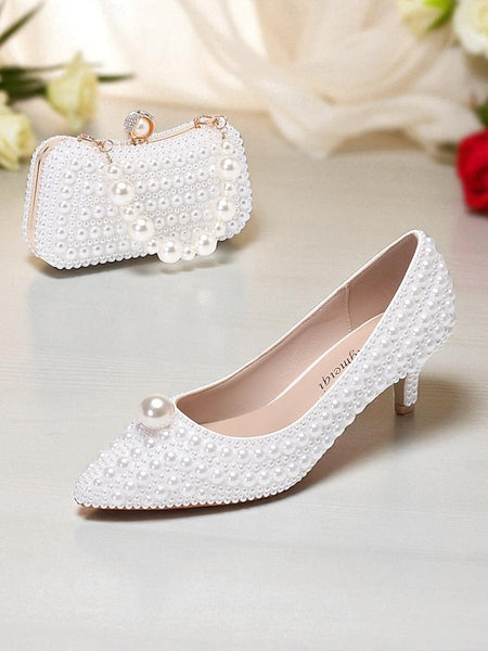 Heel Matching Kitten and Pearl-Embellished Pumps Women's FashionChic