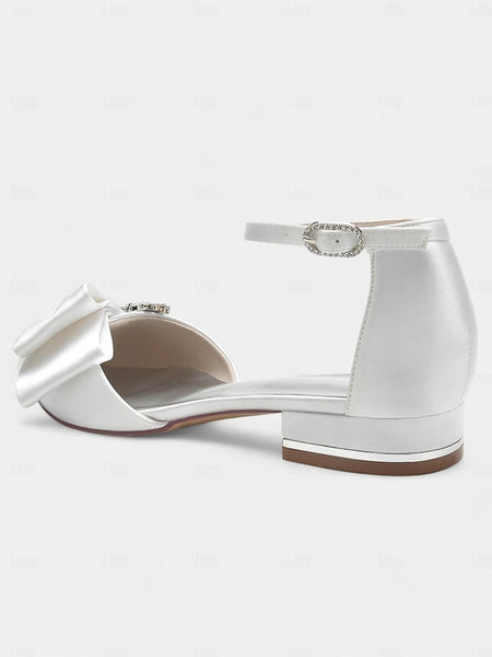 Bow with Pointed-Toe and Satin Rhinestone Ankle White Heels FashionChic