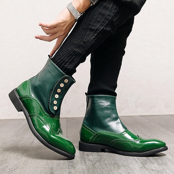 - Leather Button Boots Green Stylish Wingtip Vintage Men's FashionChic