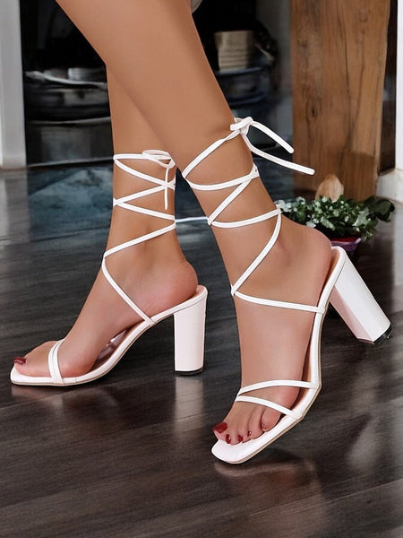 Lace-Up with Women's Strappy Heel White Block Heels Clear FashionChic