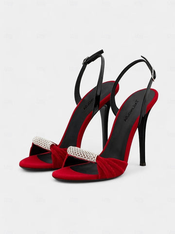 with Red Accent Stiletto – Rhinestone Bold Heels Velvet FashionChic