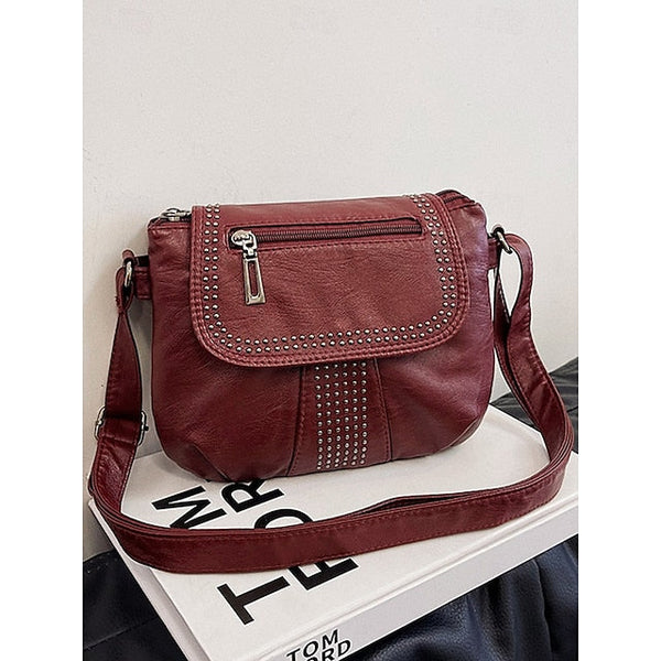 with Faux Bag Women's Leather Brown Crossbody Studded FashionChic