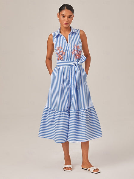 Summer Striped Embroidered Sleeveless Mid-length Dress