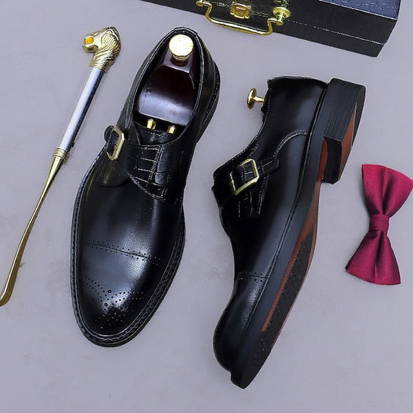 Dress Genuine Strap Black Men's Leather Monk First Shoes- FashionChic