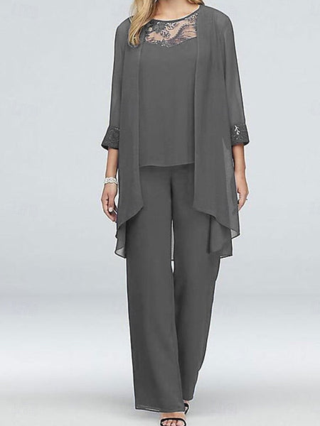 Dress Mother Neck Crew Elegant 3 Piece Vintage the of Bride FashionChic