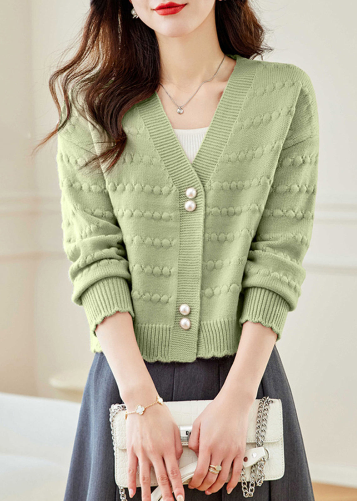 Vogue Green V Neck Button Knit Coat Fall QC030 shopify