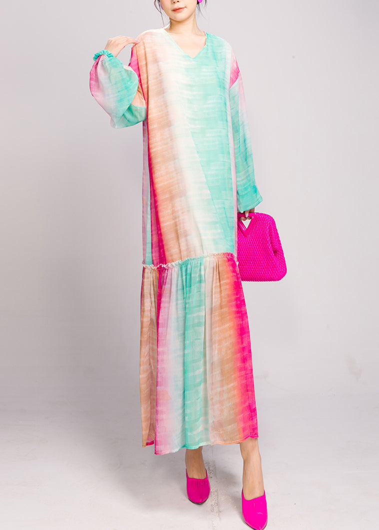 Loose Blue Purple Gradient Color Ruffled Patchwork Long Dresses Fall AO1026 JDML-FDL240909