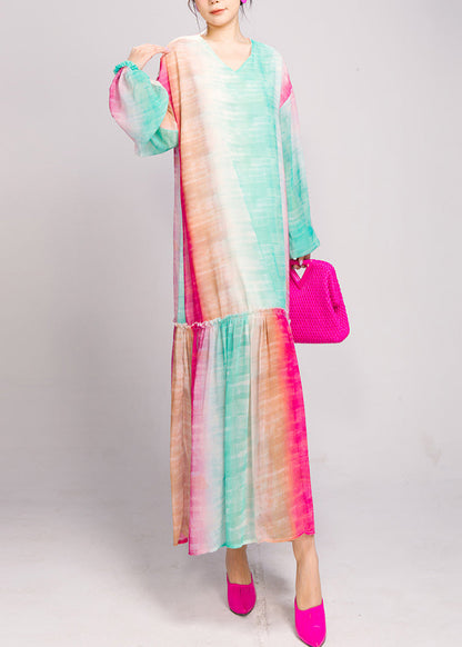 Loose Blue Purple Gradient Color Ruffled Patchwork Long Dresses Fall AO1026 JDML-FDL240909