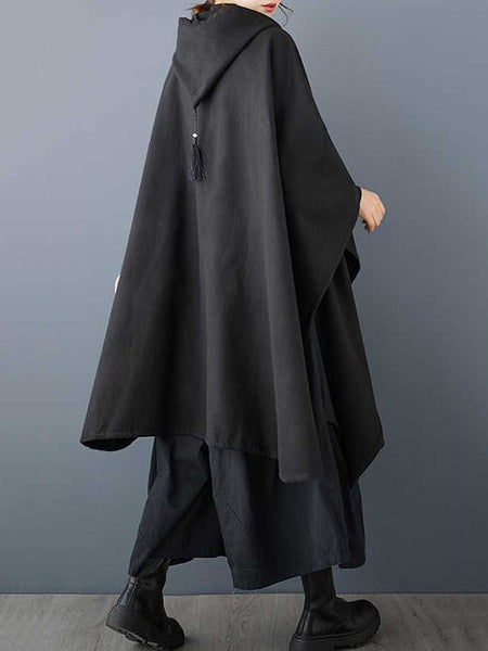Stylish Black Hooded Drawstring Tasseled Pockets Zip-up Batwing Sleeve Trench Coat TW007 ABC