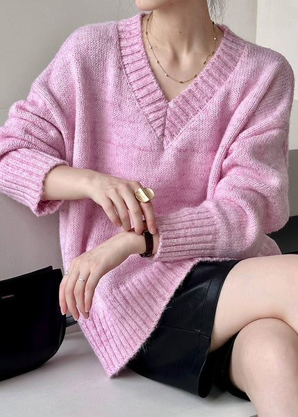 Loose Pink V Neck Hollow Out Cotton Knit Sweater Fall AF1091 HS-NTP240914