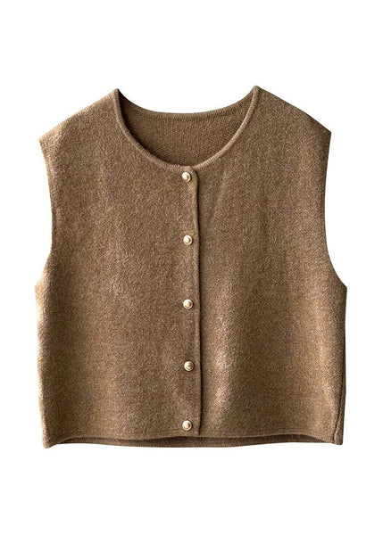 Women Khaki O Neck Button Knit Vest Tops Sleeveless AF1082 HS-VTP240914