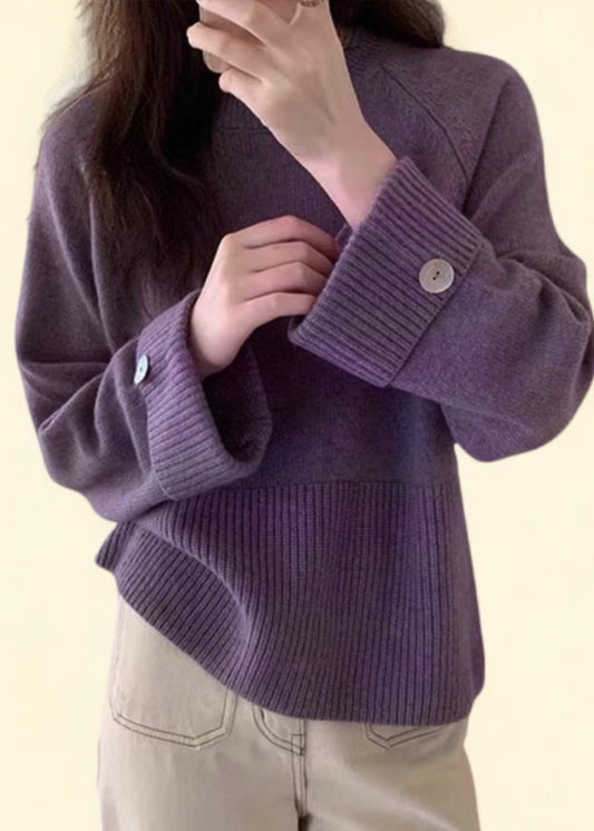 Casual Purple O-Neck Cozy Cotton Knit Sweater Top Fall QP023 OL-NTP241001