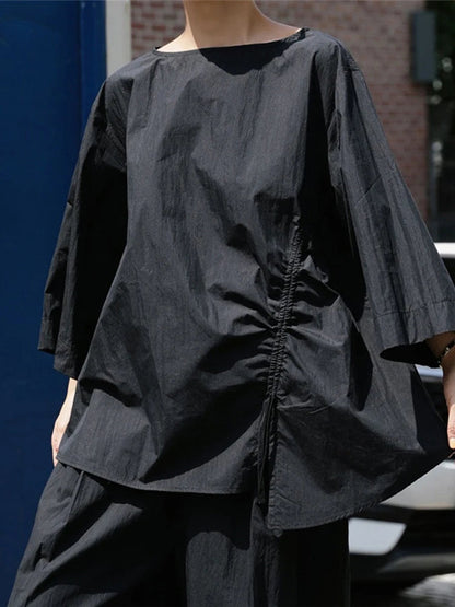 Casual Cotton Top Drawstring Sleeve Khaki Half Asymmetrical FashionChic