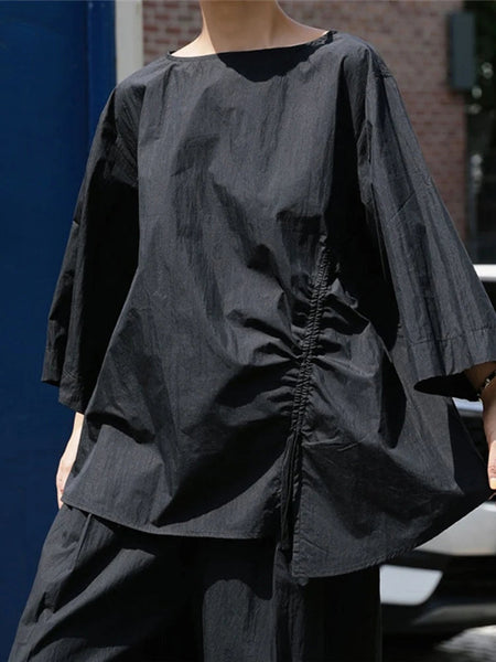 Casual Cotton Top Drawstring Sleeve Khaki Half Asymmetrical FashionChic