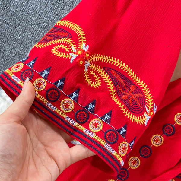 Vintage Green V-neck Tie Waist Flower Embroidery Three-quarter Sleeve A-line Dress AR1022 shopify